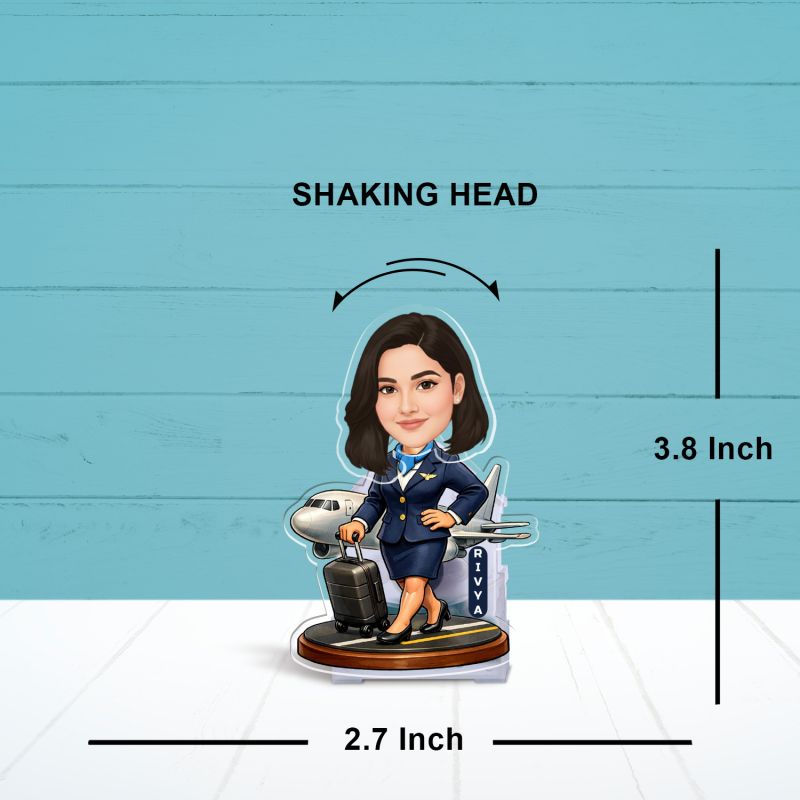 Personalized Gift for Air Hostess Booblehead Caricature for Girls Battery Powered Moving Head Feature Birthday Gift for Daughter, Sister, Mom & Lady Boss Tabletop Decor
